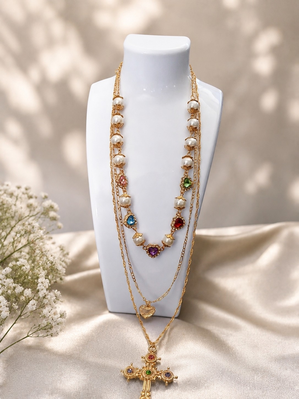 Gold Multi Gemstone Pearl Layered Necklace